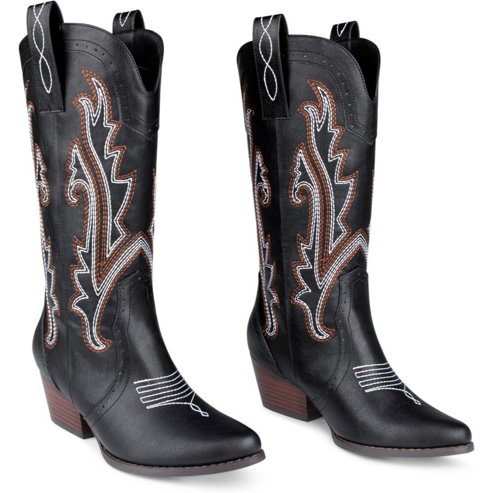 ⚡Women Black Synthetic Mid-calf Cowboy Pointy Toe Chunky Heels Western Boots